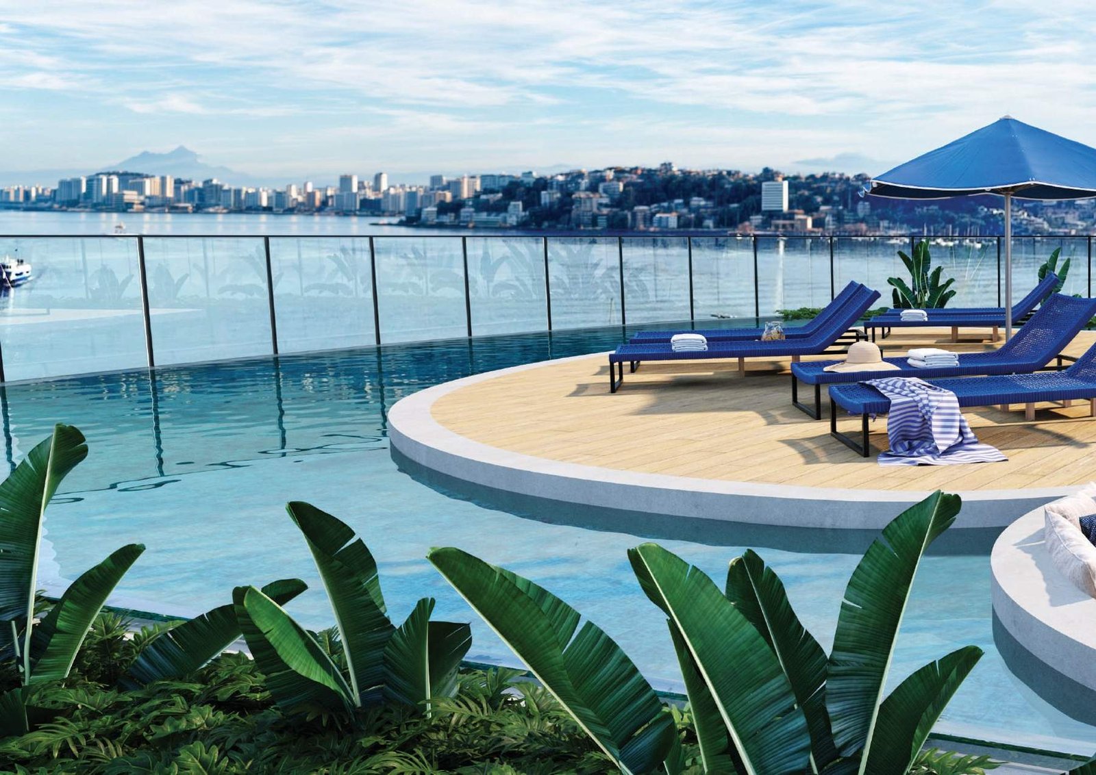 Perspectiva da piscina no rooftop do Sou Mais Wellness Charitas