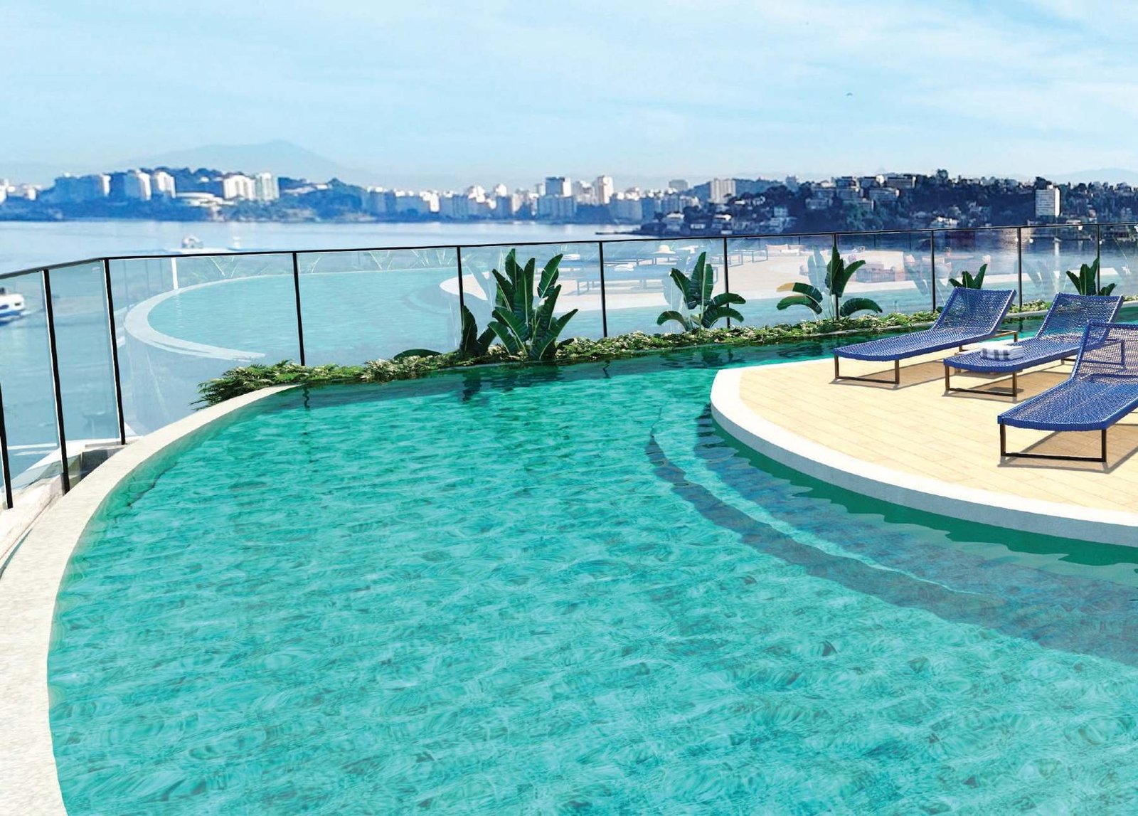 Perspectiva da piscina do rooftop do Sou Mais Wellness Charitas com vista para a baía