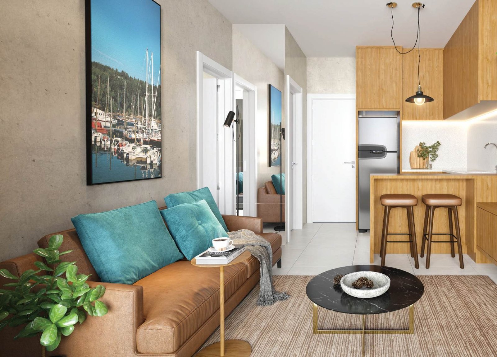 Perspectiva do living de um apartamento decorado do Sou Mais Wellness Charitas